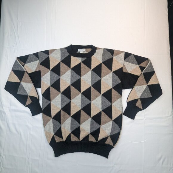 VTG Bullock & Jones 100% Alpaca Wool Sweater L Geometric Handmade Peru Black Tan - Picture 4 of 10